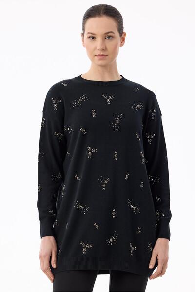 Tığ Triko Serpme Çiçek Taşlı Tunik SİYAH