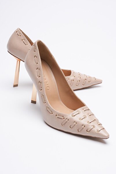 Mubiano Women's Leather Shoes Gold Detailed High Heels 9 cm Beige Fiorra