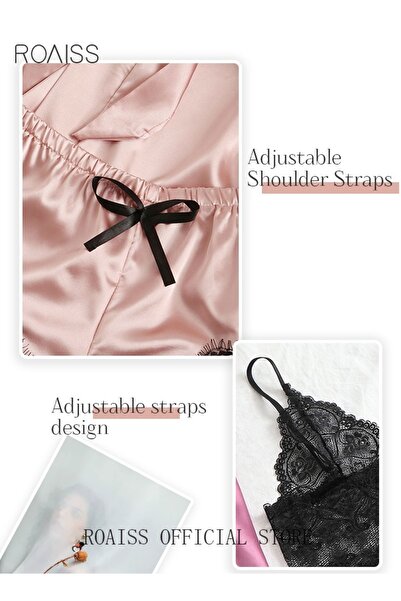 ROAISS 4 Pack Women's Nightwear Set Lace Trimmed Lightweight Silk Satin Sleepwear Pajama Ladies Summer Brea