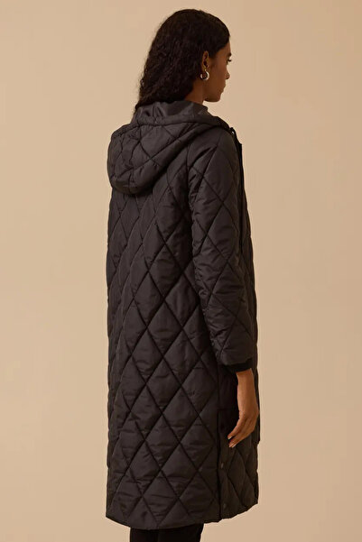 SEÇİL Hooded Long Quilted Anorak Coat - Black