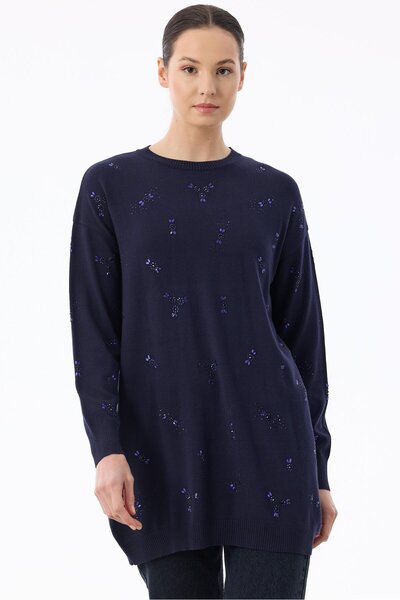 Tığ Triko Serpme Çiçek Taşlı Tunik LACİVERT