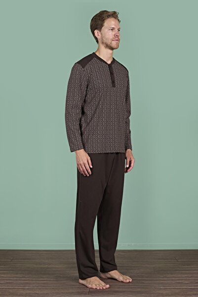 Pijadore Men's Brown Geometric Pattern Long Sleeve Button down Collar Pajama Set C3T3N91