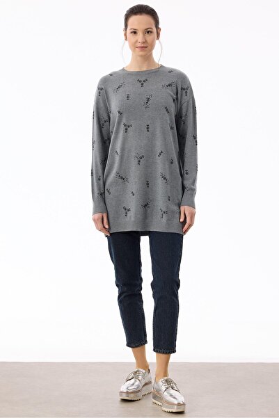 Tığ Triko Serpme Çiçek Taşlı Tunik GRİ MELANJ