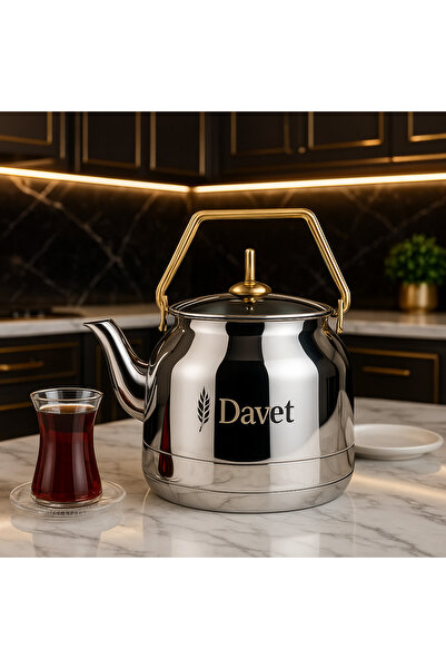 Davet Defne Cam Kapaklı Paslanmaz Çelik Gold Kulp Demlik İndüksiyon Taban Çay...