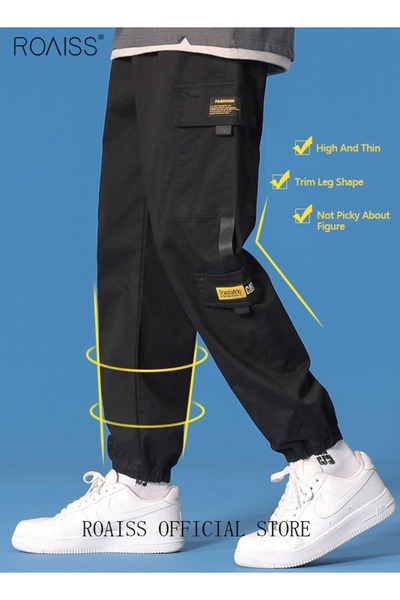 ROAISS Men's Cargo Pants Casual Pants with Elastic Drawstring Suitable for Various Body Types Simple and Tr