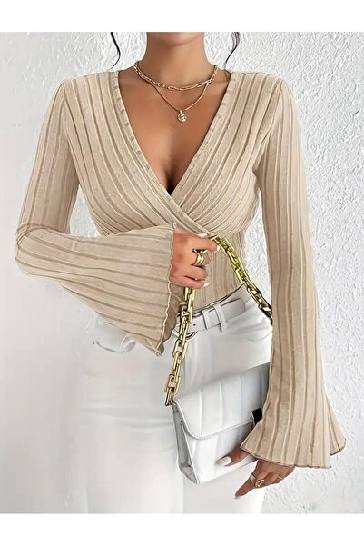 bemmoda Kadın Çizgi Desen Pamuklu İspanyol Kol Detay Bluz