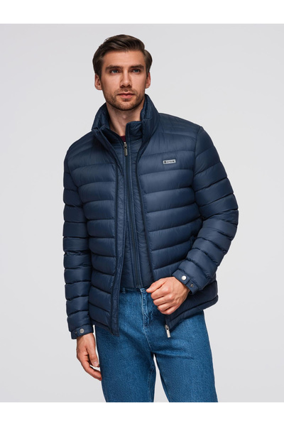 OMBRE Klasická pánská prošívaná bunda se stojáčkem - tmavě modrá V1 OM-JALP-0231