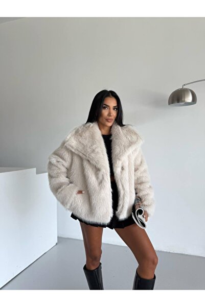 KİLSBUTİK Comfortable Fit Shawl Collar Faux Fur Coat