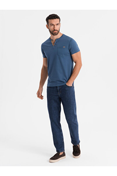 OMBRE Tricou bărbătesc cu decolteu cu nasturi și garnitură din piele întoarsă - albastru închis V2 OM-TSCT-0206 S