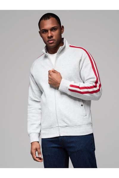 OMBRE Men's sweatshirt with high collar and stripes - grey melange V1 OM-SSZP-0219 M