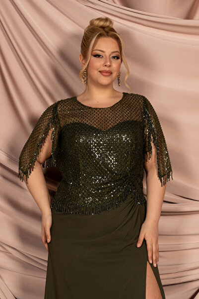 Abiyefon Haki Üstü Pullu Kapri Kol Uzun Şifon Büyük Beden Abiye ABU4075