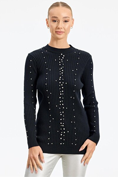 Tığ Triko Taş Detaylı Saç Örgülü Tunik SİYAH