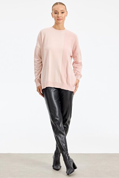 Tığ Triko Sol Tarafı Mink Detaylı Tunik PEMBE