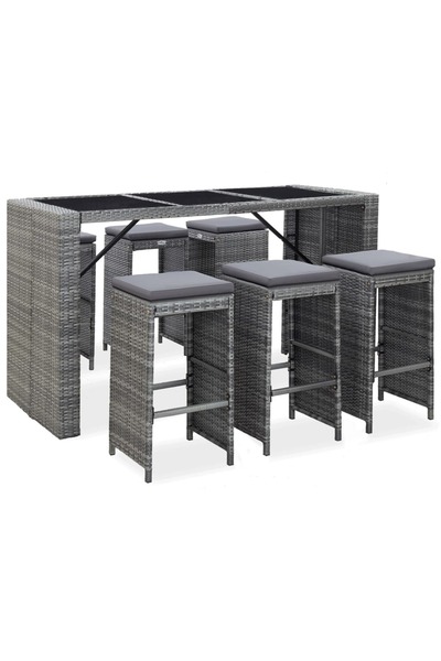 vidaxl طقم بار للحديقة مكون من 7 قطع مع وسائد من البولي راتان الرمادي