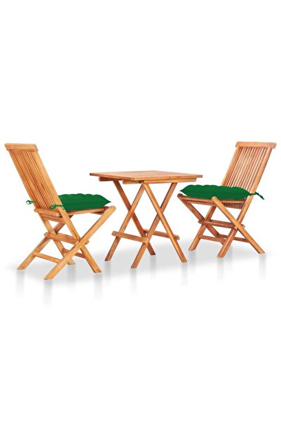 vidaxl طقم بيسترو من 3 قطع مع وسائد خضراء من خشب الساج الصلب