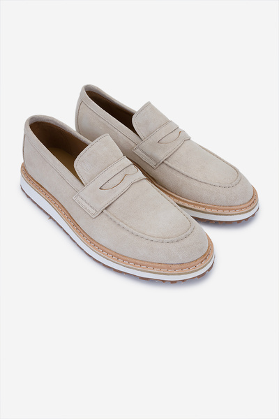 Valmenti Erkek Hakiki Deri Bej Süet Loafer Ayakkabı