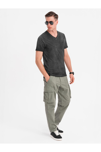 OMBRE Pánské bavlněné pletené tričko s výstřihem do V a sepraným efektem - černé V6 OM-TSWT-0242 XL