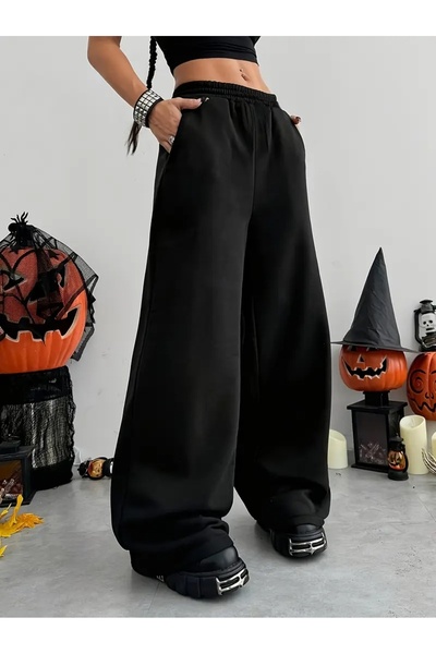 RİNNEAS Women's Black Plus Size Baggy Loose Cut Pants Six Stretchy Comfortabl...