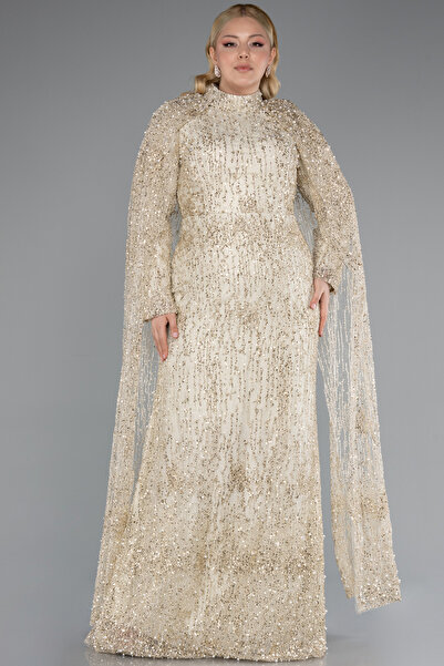 Abiyefon Gold Uzun Kol Şallı Pullu Büyük Beden Tesettür Abiye ABU4995