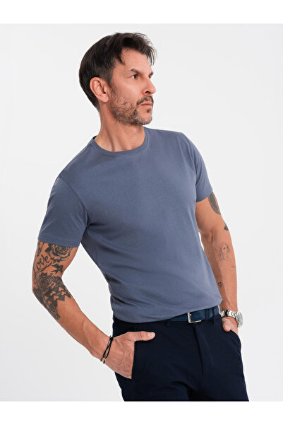 OMBRE Ανδρικό κλασικό βαμβακερό μπλουζάκι BASIC - μπλε τζιν V7 OM-TSBS-0236 S