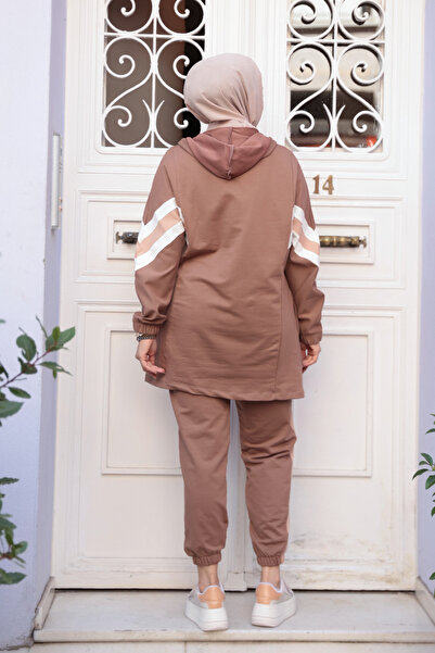 N.S NEVA STYLE Zippered Brown Hijab Double Set 20135Kh
