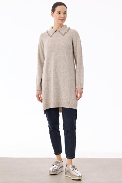Tığ Triko Yaka İnci Detaylı Triko Tunik BEJ