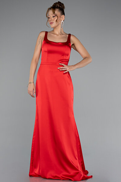 Abiyefon Kırmızı Askılı Kare Yaka Uzun Saten Abiye Elbise ABU5111