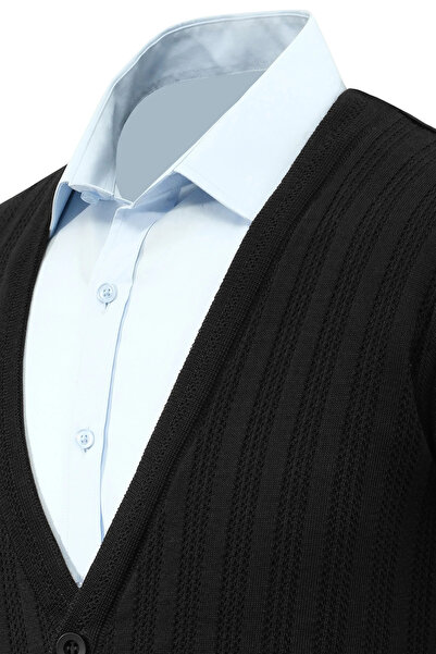 Çizgi Triko Men's Buttoned Cardigan with Pockets Patterned Steel Knit Classic Fit - 5203m
