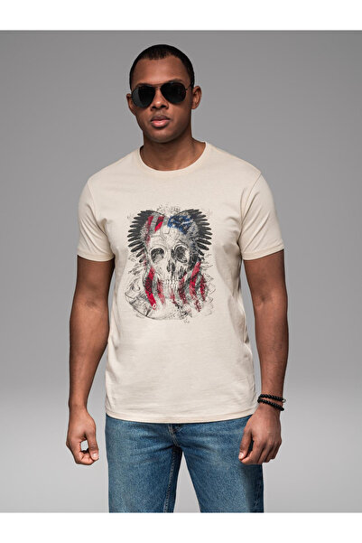 OMBRE Ανδρικό βαμβακερό μπλουζάκι με τύπωμα σε στυλ ροκ - κρεμ V1 OM-TSPT-0199 M
