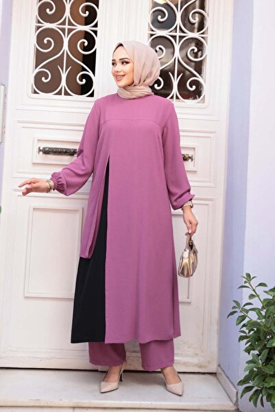 N.S NEVA STYLE Block Color Detailed Dusty Rose Hijab Double Set 65881Gk