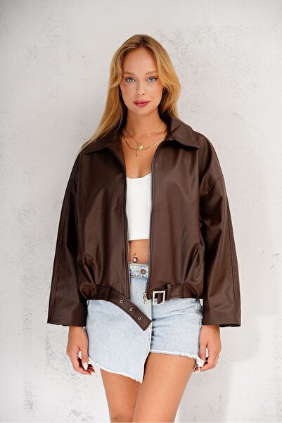 Rabi Shine KADIN OVERSİZE BELİ KEMERLİ DERİ CEKET