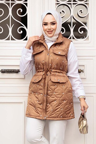 N.S NEVA STYLE Bead Detailed Tan Hijab Inflatable Vest 80321Tb