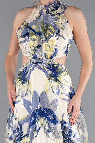 Abiyefon Çok Renkli Halter Yaka Cut Out Uzun Empirme Saten Abiye ABU4686