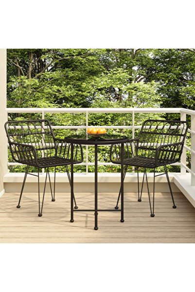 vidaxl طقم طعام حديقة من 3 قطع من البولي روتان الأسود