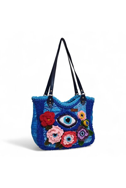 zelart Tığ İşi Örgü çiçek Detaylı Omuz Çantası, El Yapımı Özel Tasarım Çanta