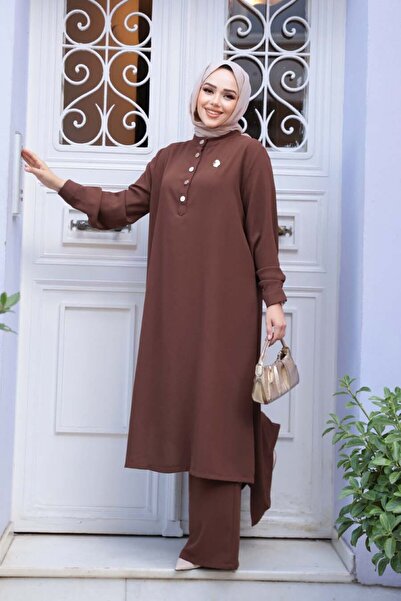 N.S NEVA STYLE Button Detailed Brown Hijab Double Suit 76641Kh
