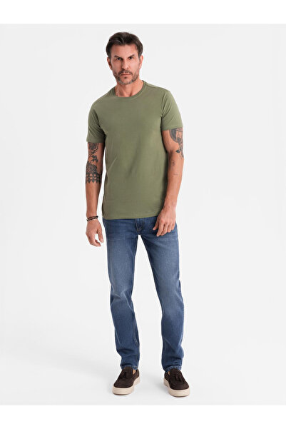 OMBRE Ανδρικό κλασικό βαμβακερό μπλουζάκι BASIC - χακί V6 OM-TSBS-0236 L