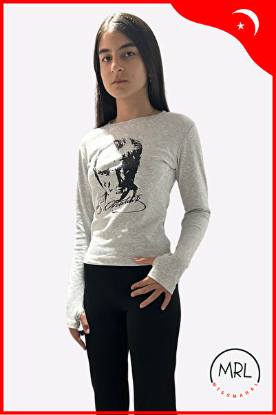 missmaral Body cu mânecă lungă din viscoză pentru fetiță – 29 octombrie, imprimeu Atatürk, elastic din lycra, cu fixare la degete