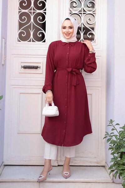 N.S NEVA STYLE Buttoned Burgundy Hijab Tunic 32172Br