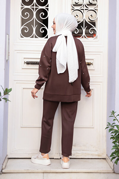 N.S NEVA STYLE Zippered Brown Hijab Double Set 12401Kkh