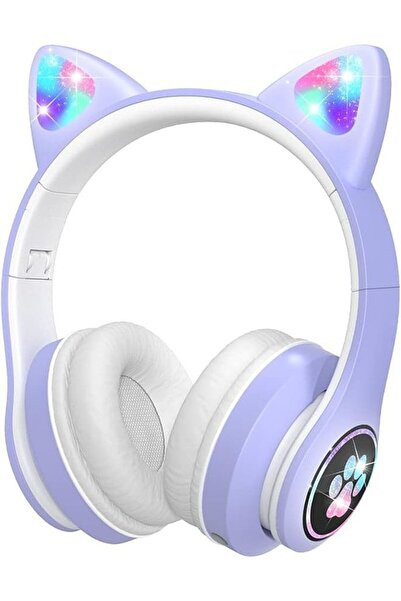 Saharaz سماعات رأس للأطفال مزودة بميكروفون/إضاءة LED RGB، سماعات أذن قطة بلوتوث مع حد أقصى لمستوى الصوت 94 ديسيبل