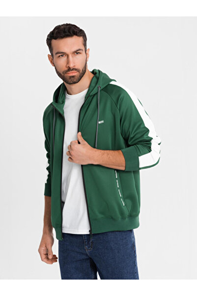 OMBRE Unzipped men's hooded sweatshirt with piping - dark green V7 OM-SSZP-0210 L