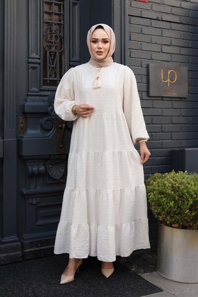 N.S NEVA STYLE Kat Piliseli Krem Tesettür Elbise 19046KR