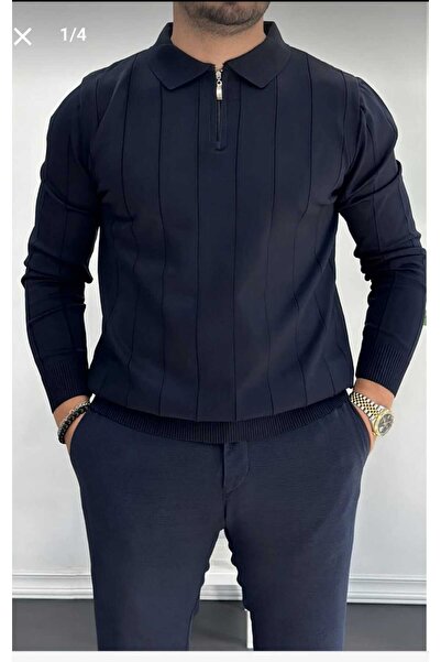 LİBASSİNİ Men's Half Zip Polo Neck Seasonal Sweater Navy Blue