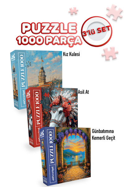 Neverland 3 ADET 1000 PARÇA PUZZLE - KIZ KULESİ SAKİNLİĞİ VE ASİL AT VE GÜNBA...