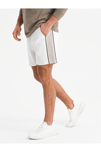 OMBRE Pánské krátké tepláky s širokými pruhy - broken white V1 OM-SRSK-0182 M