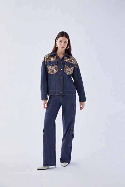 IDYL جاكيت دينيم بنقشة الفهد مع تطريز بالترتر