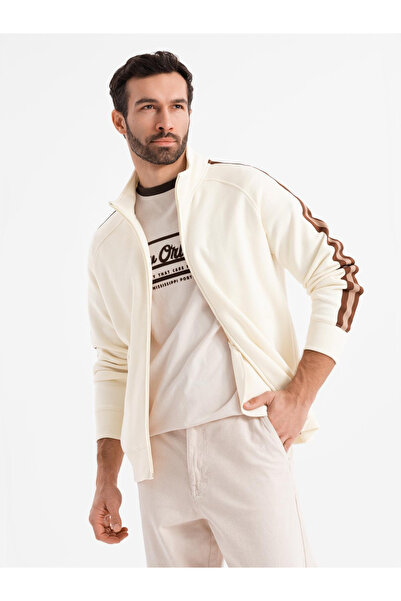 OMBRE Ανδρικό φούτερ με ψηλό γιακά και ρίγες - κρεμ V3 OM-SSZP-0219 S