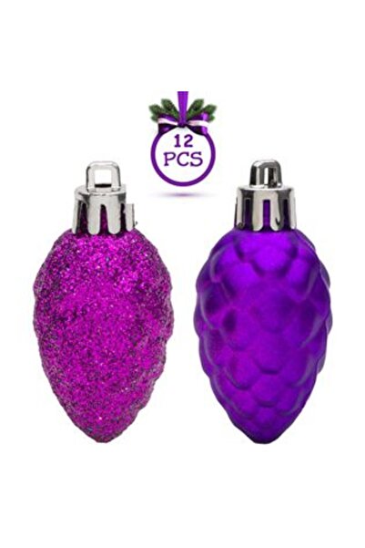 Jumbo Set ornamente de Crăciun pentru brad, conuri de pin, sclipici mat, violet, 5 cm - 12 bucăți
