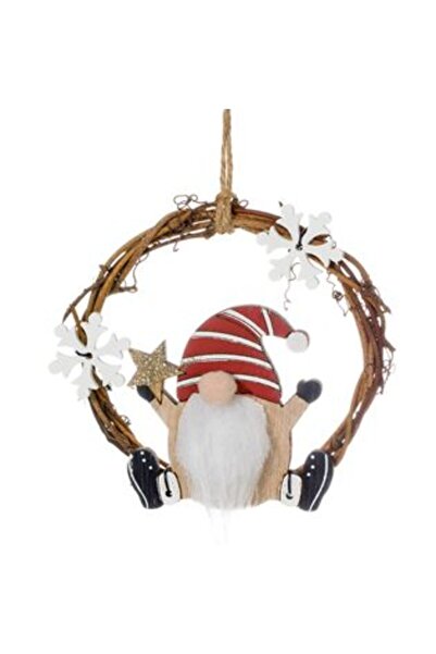 Jumbo Christmas Tree Ornament Wooden Wreath with Gnome Figure Glitter Snowflakes 8 cm